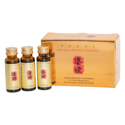 Three small amber glass bottles with gold caps and cream labels are shown in front of a gold box labeled SUGOI OKINAWA MOZUKU FUCOIDAN liquid dietary supplement.