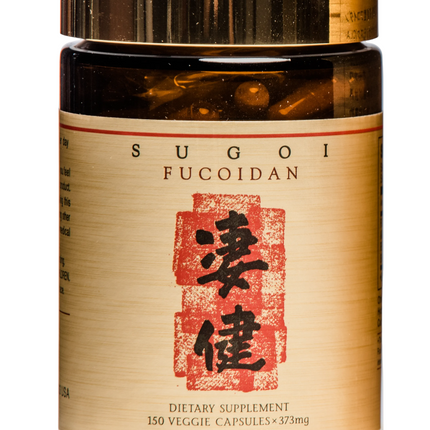 A bottle of SUGOI FUCOIDAN dietary supplement with a gold cap and a beige label featuring a red Japanese character graphic.
