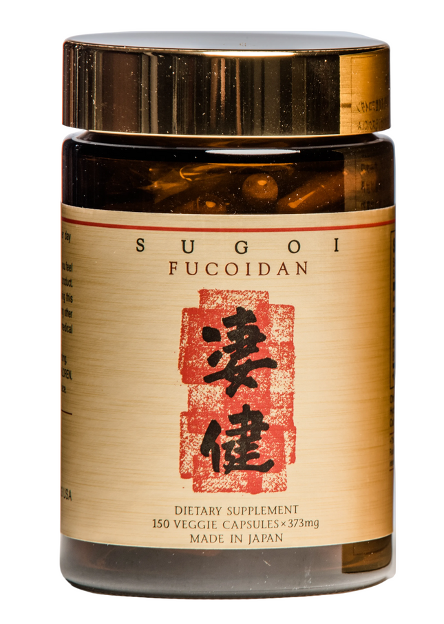A bottle of SUGOI FUCOIDAN dietary supplement with a gold cap and a beige label featuring a red Japanese character graphic.