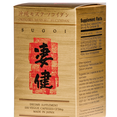 A box of SUGOI Okinawa Mozuku Eucoplan dietary supplement, featuring a light wood-grain textured design with a prominent red square stamp containing black Japanese characters on the front.