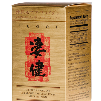 A box of SUGOI Okinawa Mozuku Eucoplan dietary supplement, featuring a light wood-grain textured design with a prominent red square stamp containing black Japanese characters on the front.