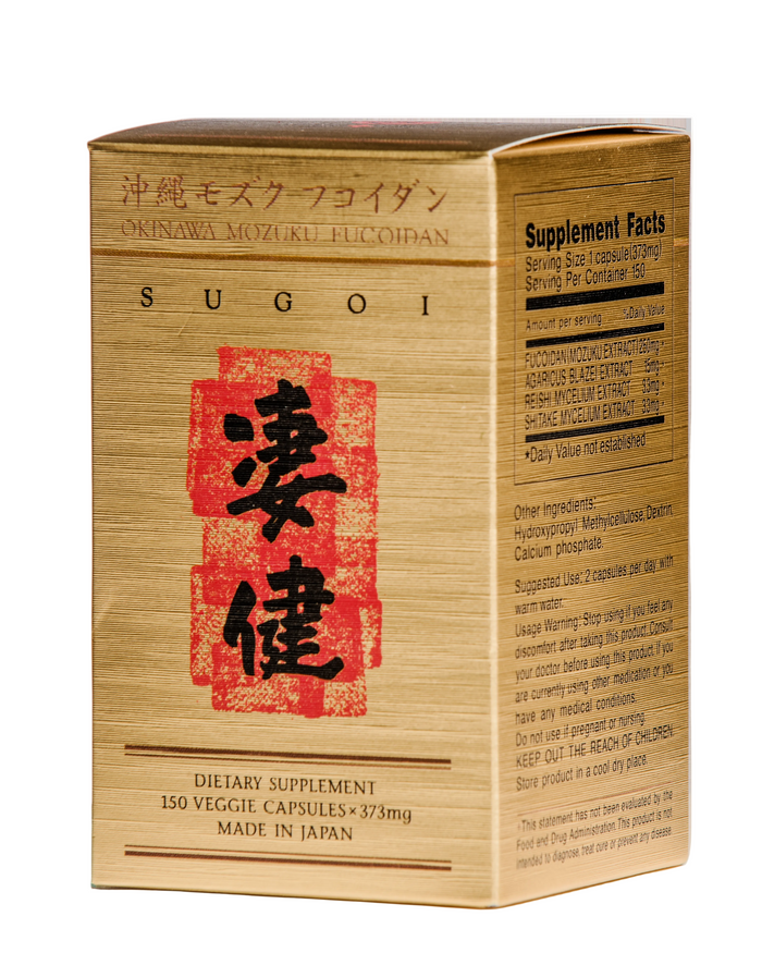 A box of SUGOI Okinawa Mozuku Eucoplan dietary supplement, featuring a light wood-grain textured design with a prominent red square stamp containing black Japanese characters on the front.